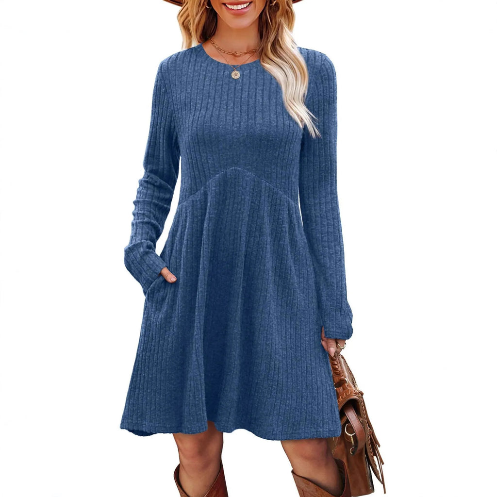 Women's bohemian brushed sunken stripe princess dress with wide waist in solid colour, mid skirt length, sizes S-XXL.