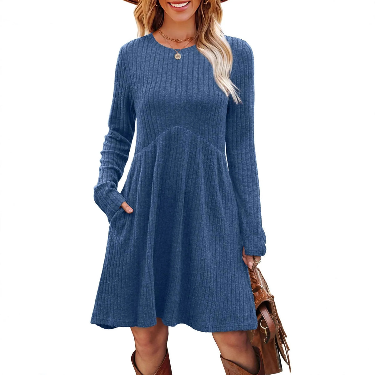 Women's bohemian brushed sunken stripe princess dress with wide waist in solid colour, mid skirt length, sizes S-XXL.