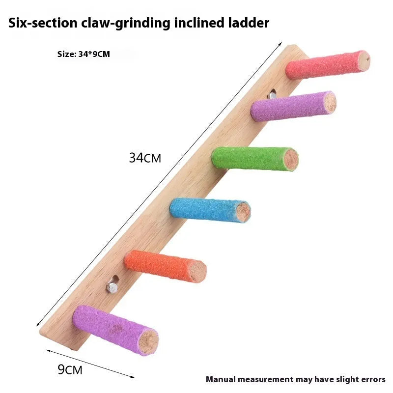 Wooden ladder perch for parrots, with multiple levels and natural wood finish, suitable for small to medium birds.
