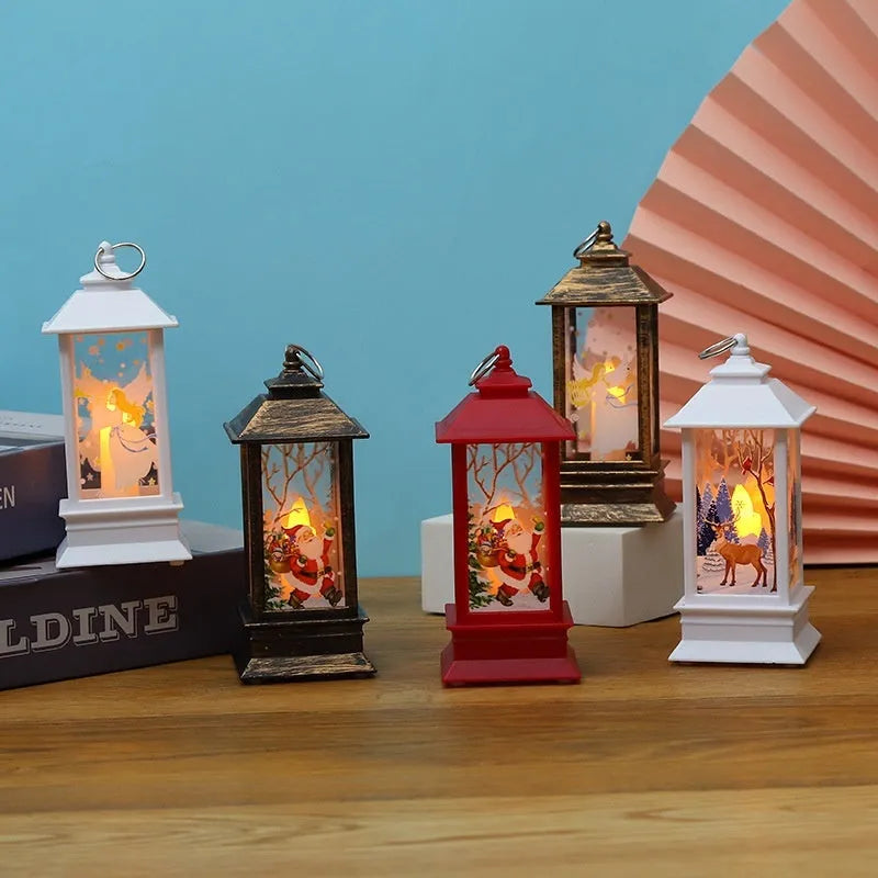 Christmas portable oil lamp with Santa Claus LED design in gold colour on white background