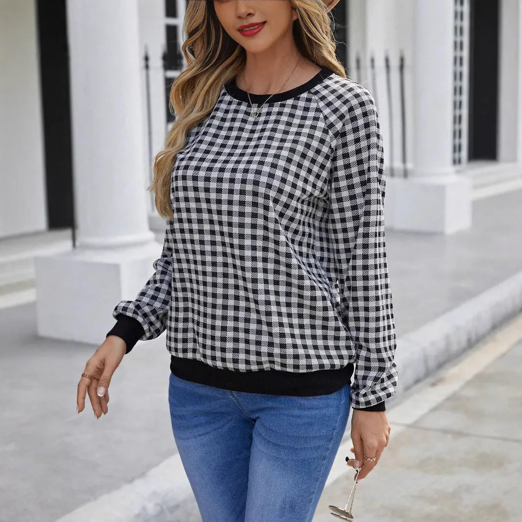 Black long sleeve polyester pullover sweater with a printed Japanese sweet plaid stripe pattern.