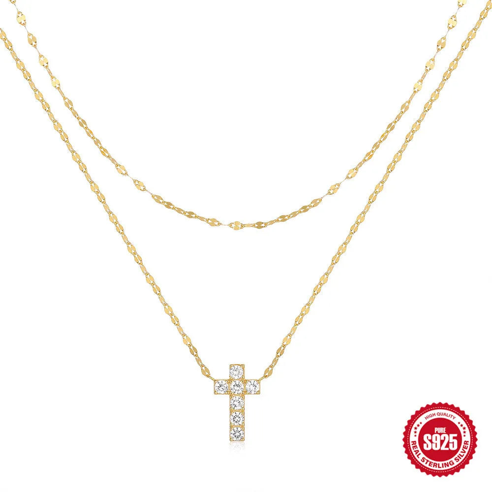 S925 sterling silver necklace with a double layer diamond cross pendant on a clavicle chain.