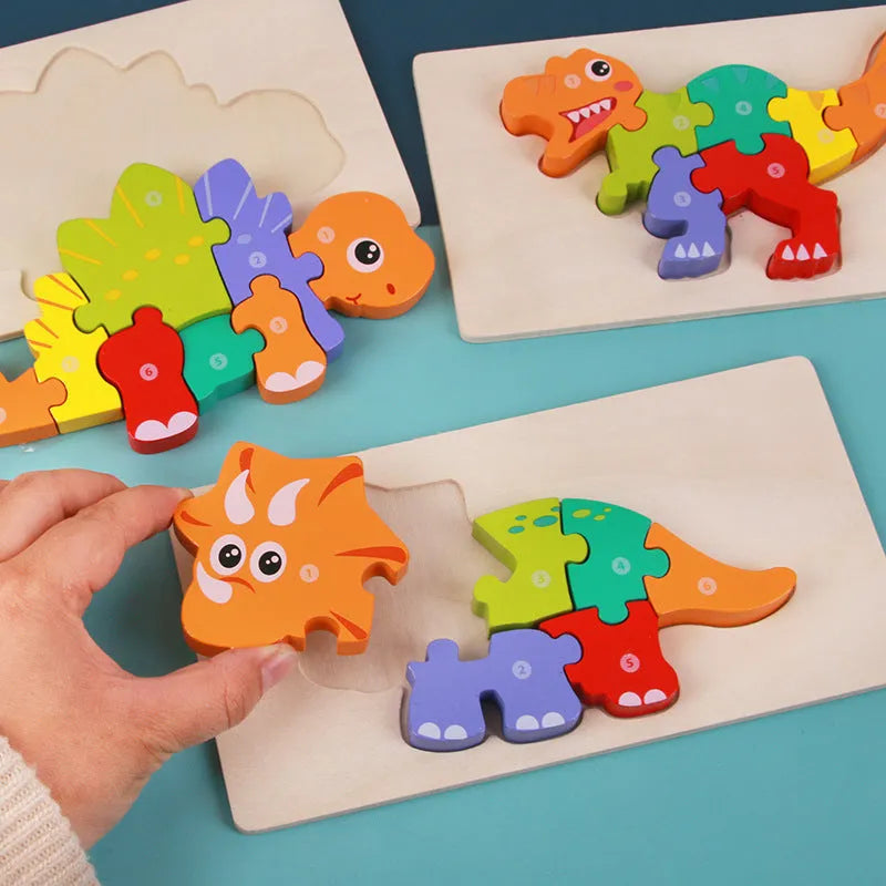 Wooden dinosaur 3D puzzle building blocks set for children with six dinosaur models