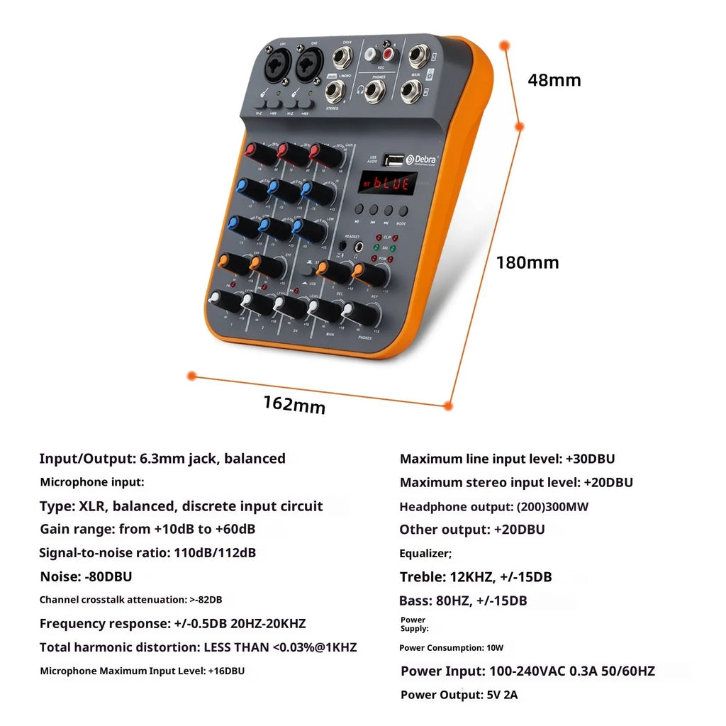 Compact plastic audio mixer with reverb and USB interface, D4M standard, 26 x 22.5 x 8 cm, picture colour