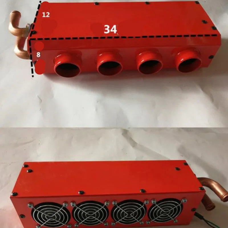 Long small metal car heater with four-hole copper pipe connections for 12V 24V systems.