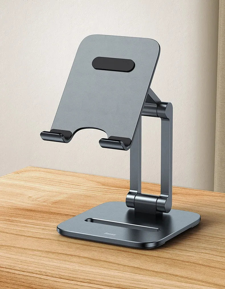 Deep space grey aluminium folding stand for a tablet and a mobile phone.