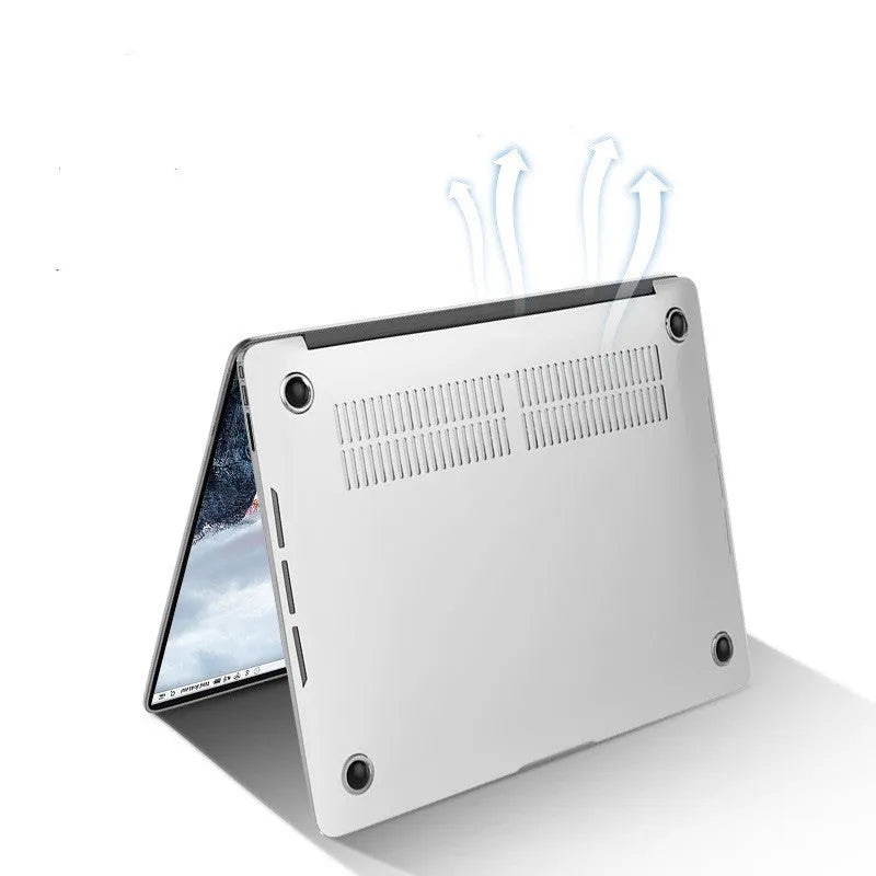 Black and transparent PC hard shell protective cases for MacBook Pro 14-inch and 16-inch laptops.