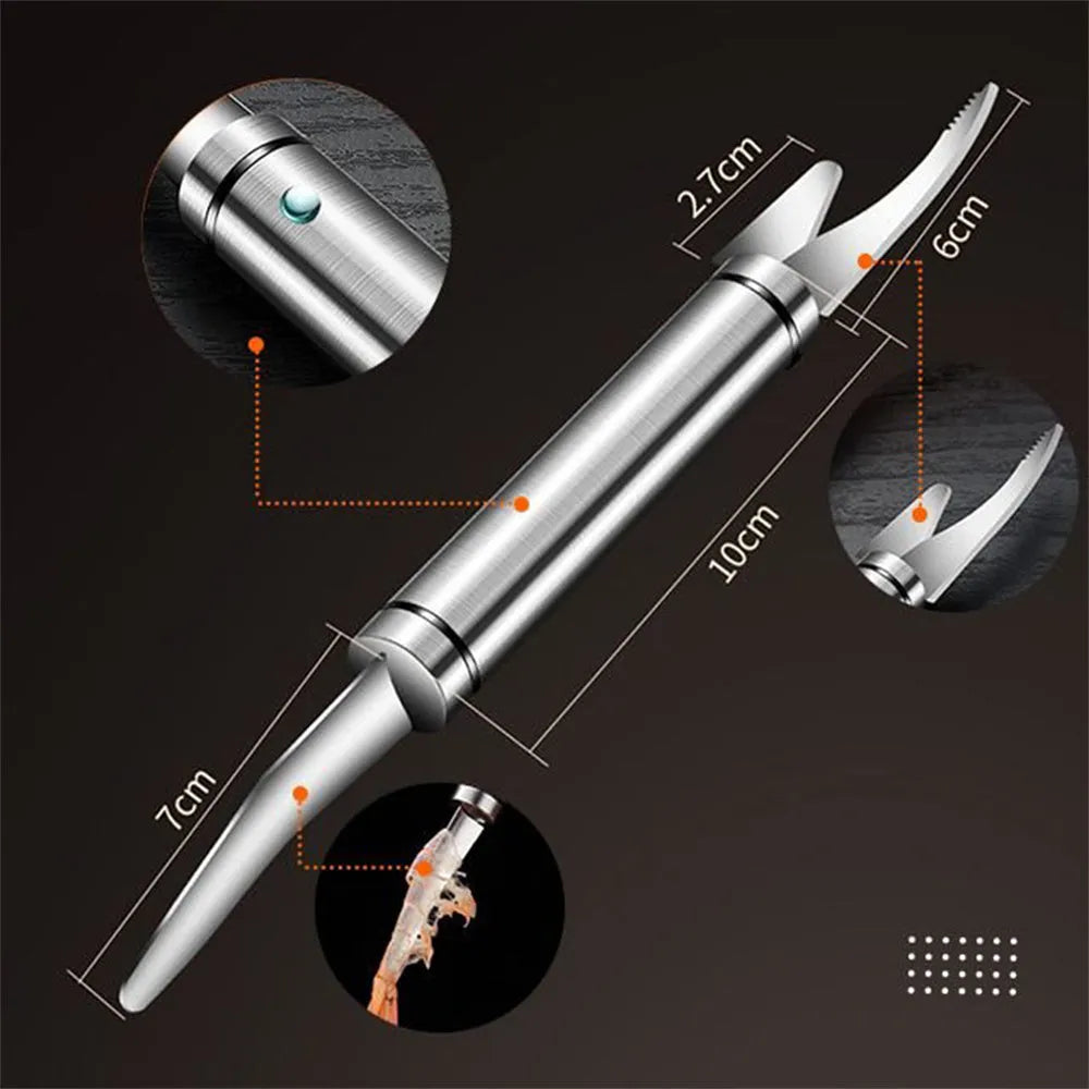 Multifunctional 304 stainless steel shrimp remover knife with eagle-beak tip and double row blades for peeling shrimp, splitting fish and scaling