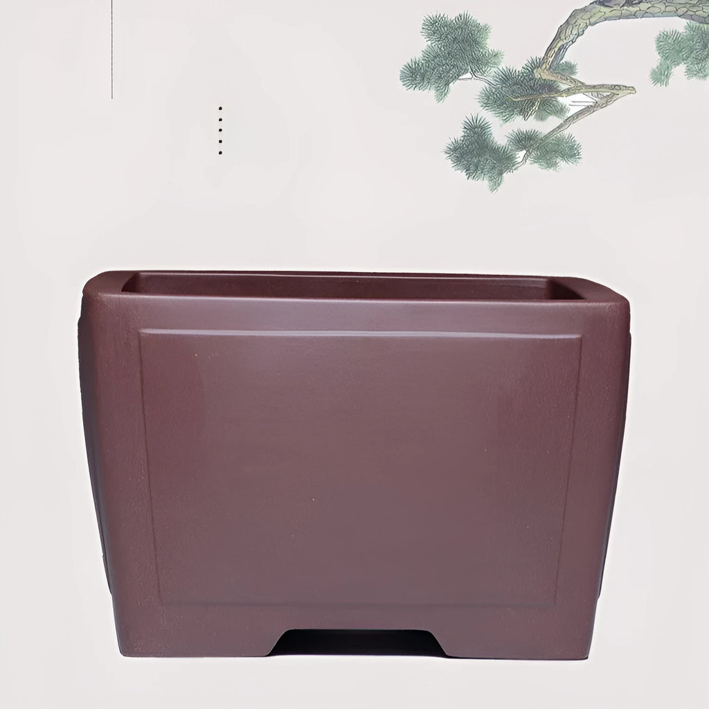 Square purple clay succulent bonsai pot with classical design on tabletop