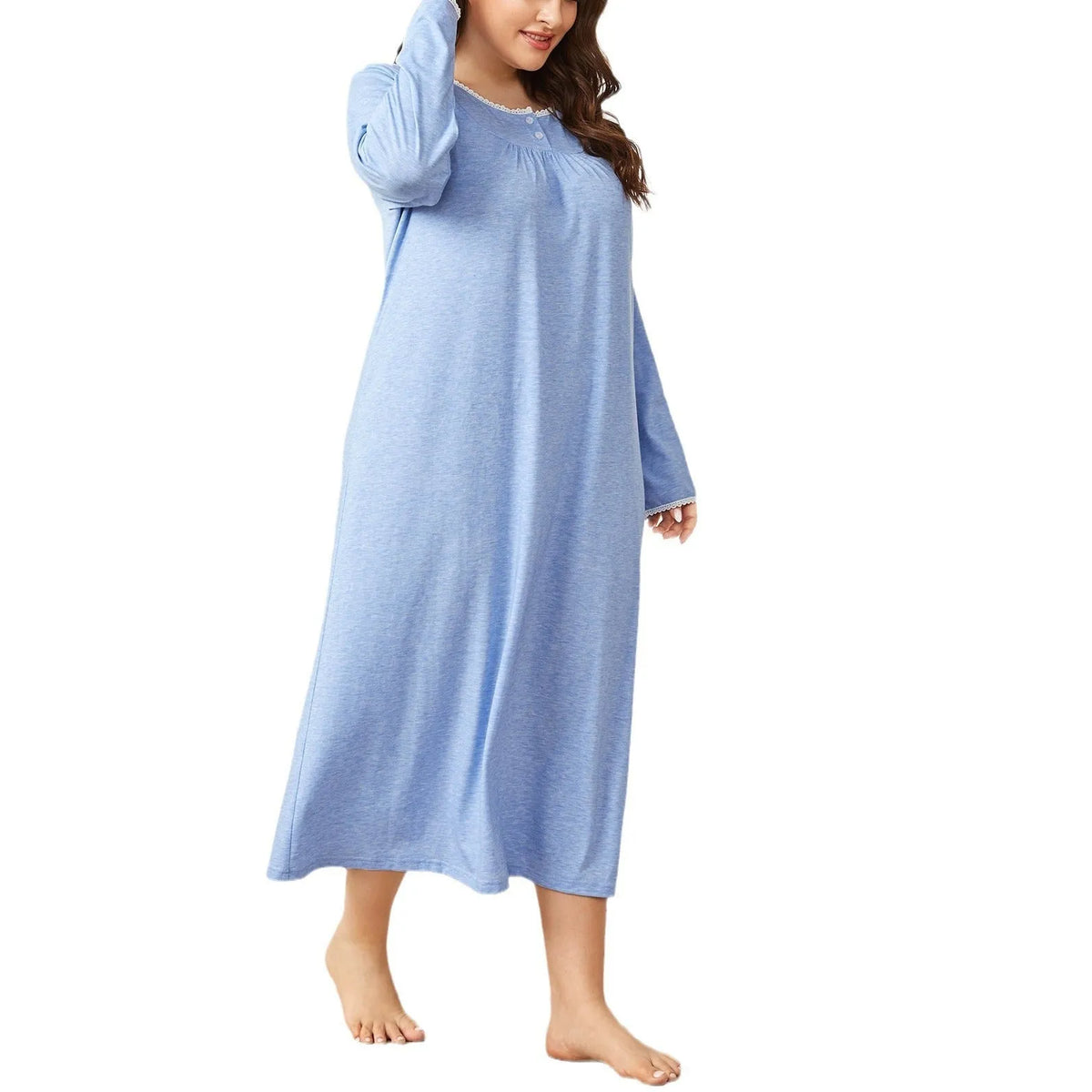 Women's light blue long-sleeved nightdress with lace stitching and pleated detailing