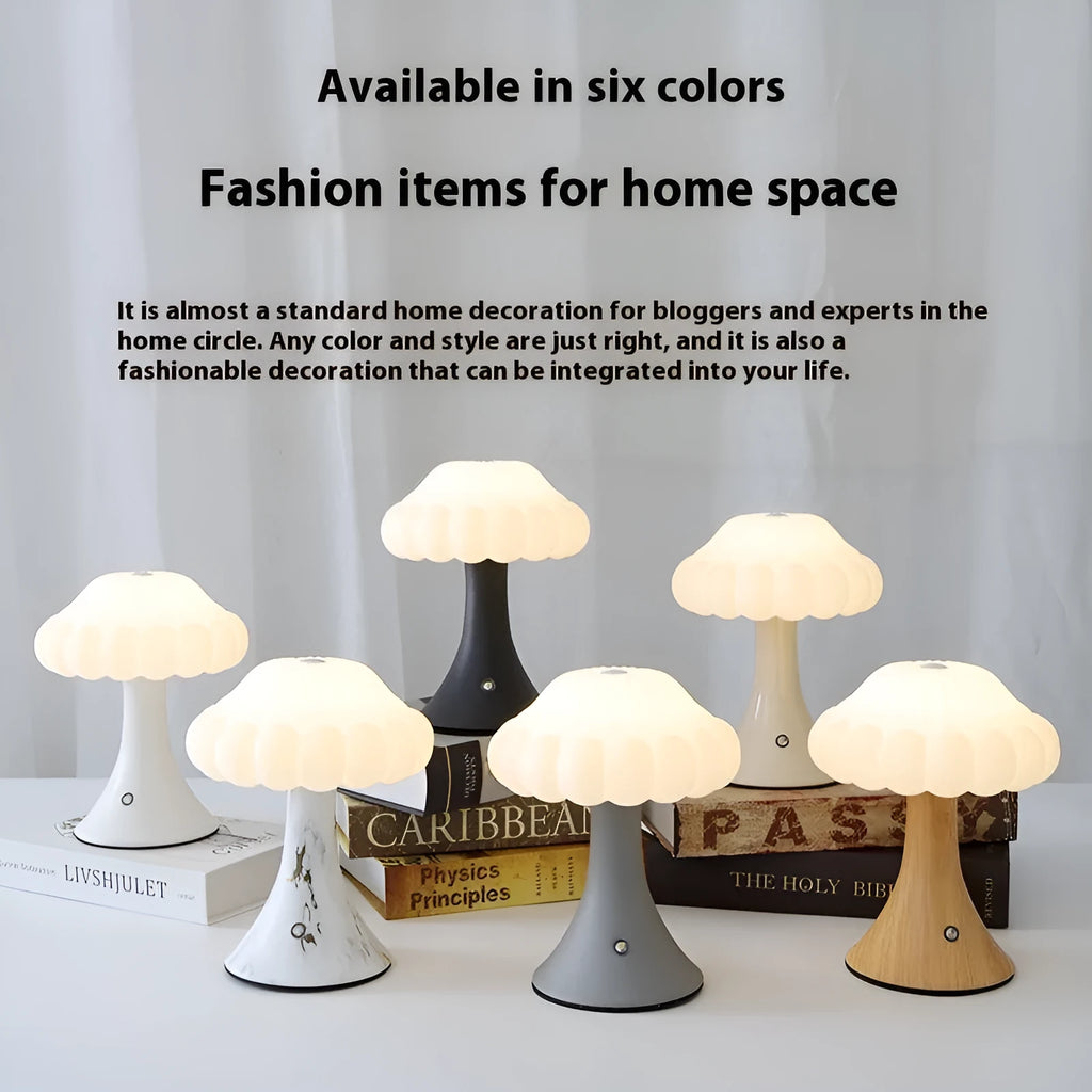 Decorative mushroom-shaped touch lamp in wood grain colour on a tabletop.
