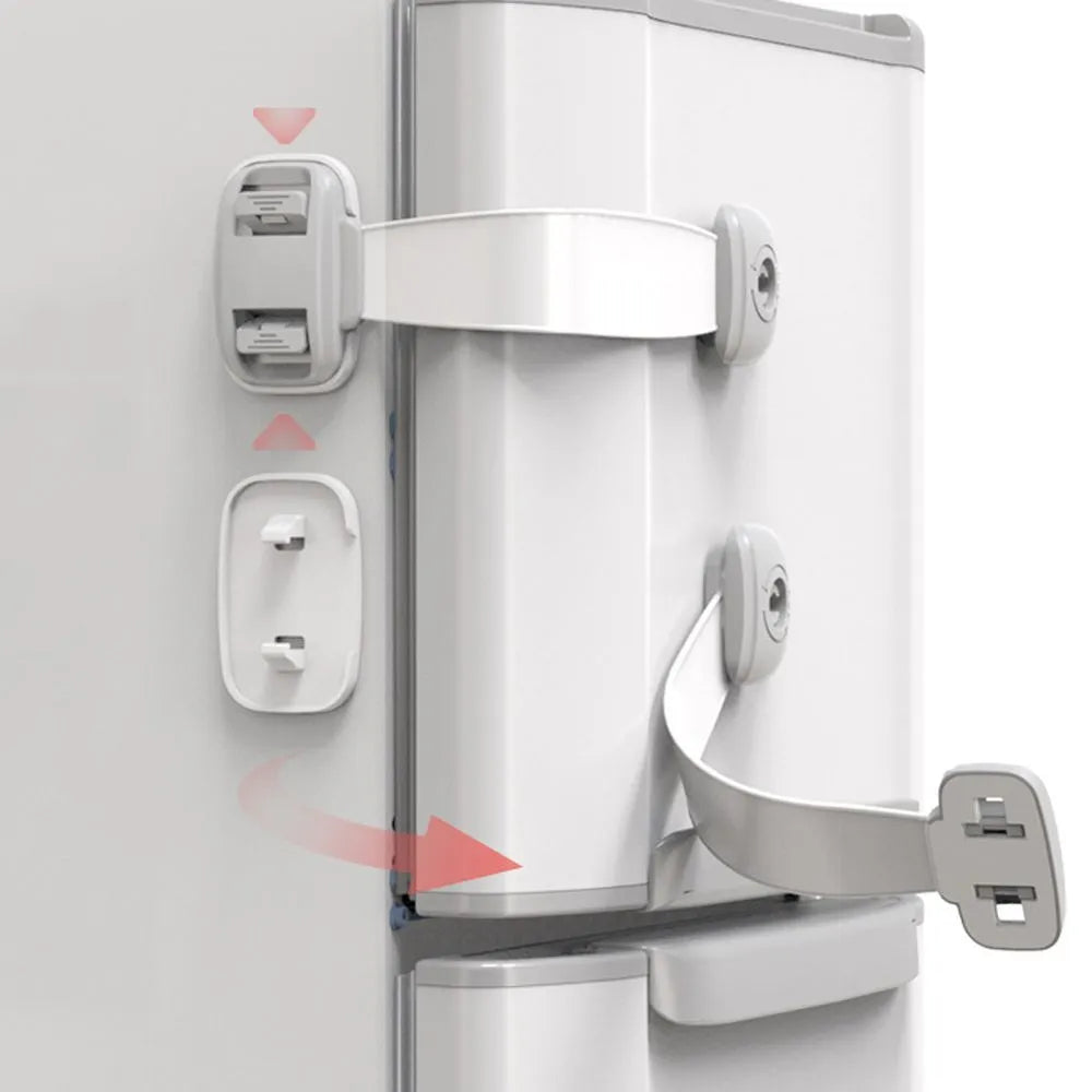 Adjustable child safety cabinet lock with strap showing grey colour and adhesive backing