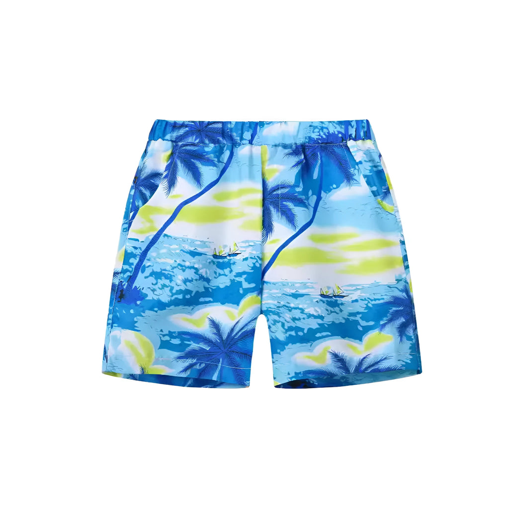 Multi-colour printed beach shorts with elastic waist for children on a summer background