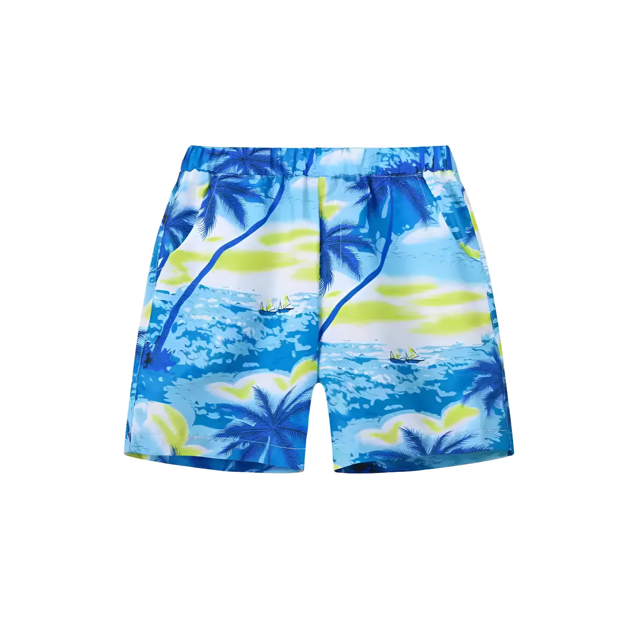 Multi-colour printed beach shorts with elastic waist for children on a summer background