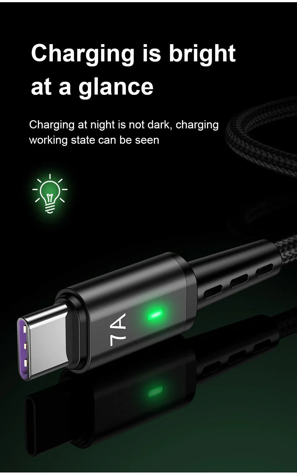 7A braided Type-C charging cable in black with aluminium alloy connector and indicator light