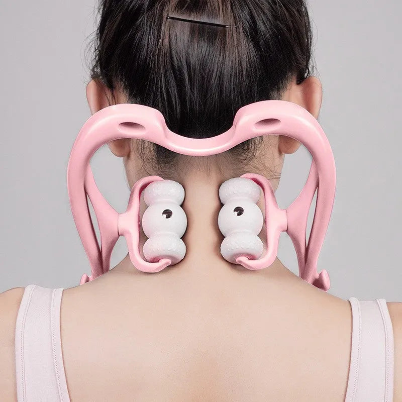Blue handheld neck massager roller with 96 pressure nodes on a rotating head.