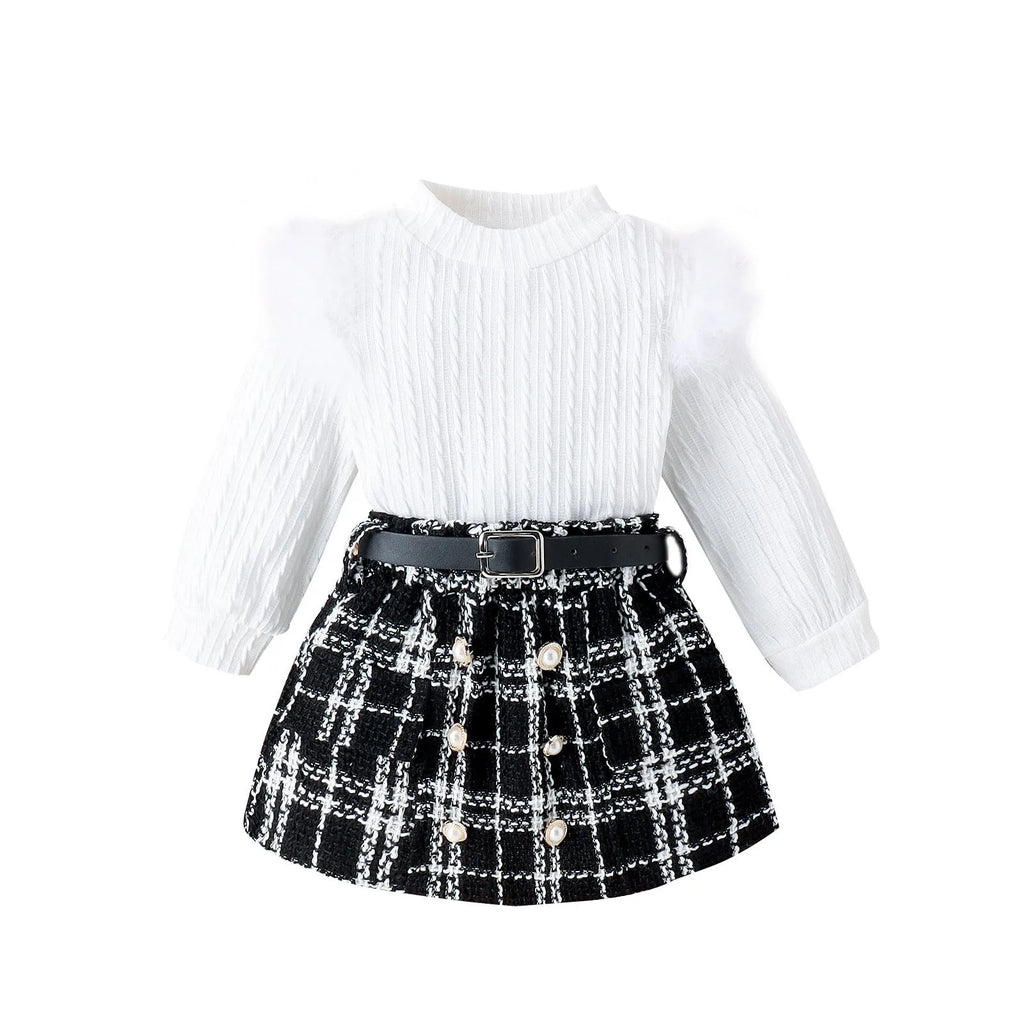 Girls' white three-piece suit set with furry top, woolen skirt, and belt for autumn and winter