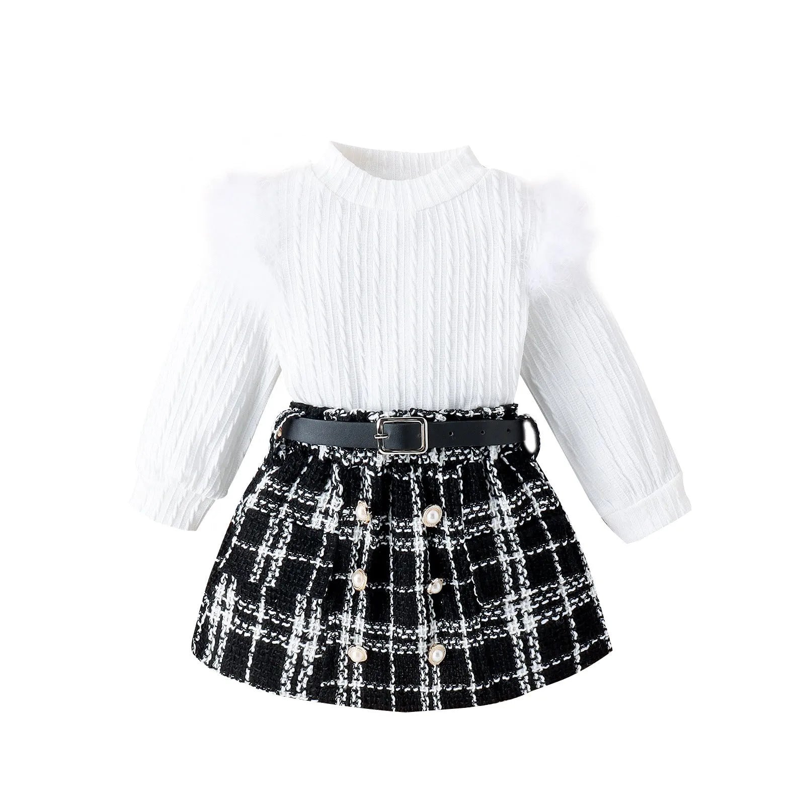 Girls' white three-piece suit set with furry top, woolen skirt, and belt for autumn and winter