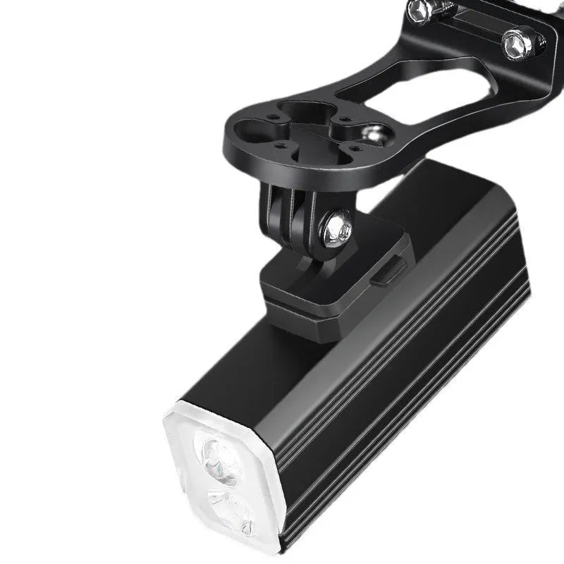 Aluminium alloy mountain bike front light with silicone mount bracket on handlebars