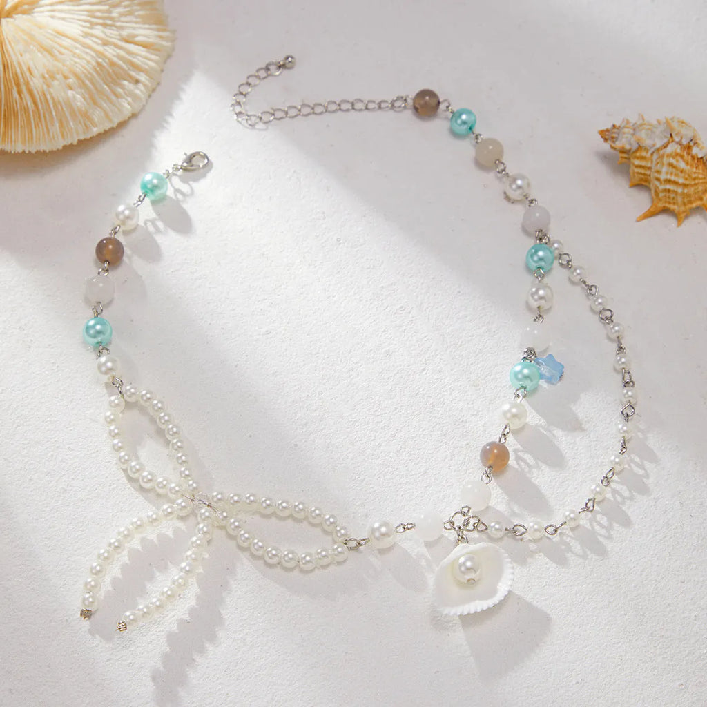 French pearl clavicle necklace with geometric shell pendant, Gold or White, 41-50cm chain