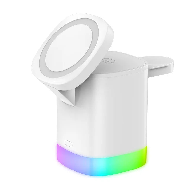 Black foldable 3-in-1 magnetic wireless charging station with RGB lighting charging iPhone, Apple Watch, and AirPods
