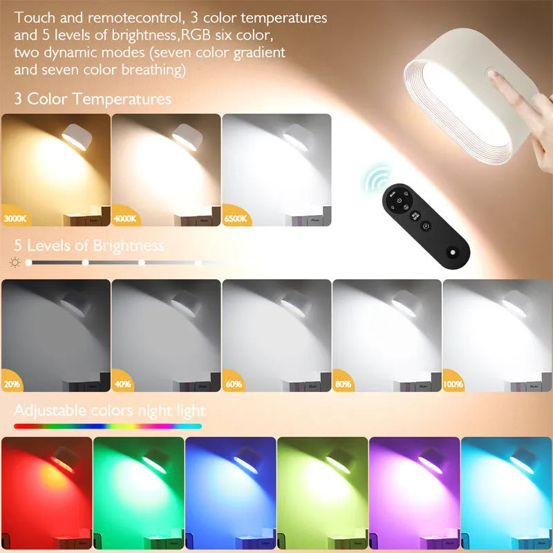 White remote control magnetic wall lamp showing touch panel and adhesive mounting.