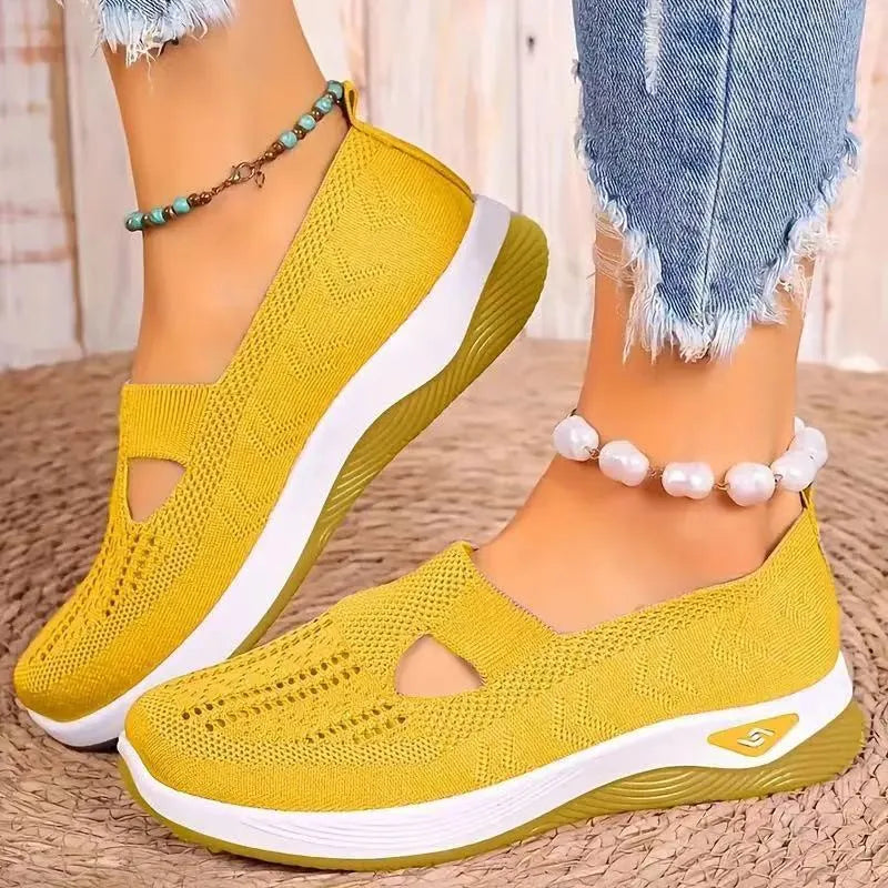 Women's low-top casual mesh shoes with a T-strap, round toe, and soft PVC sole in various solid colours.
