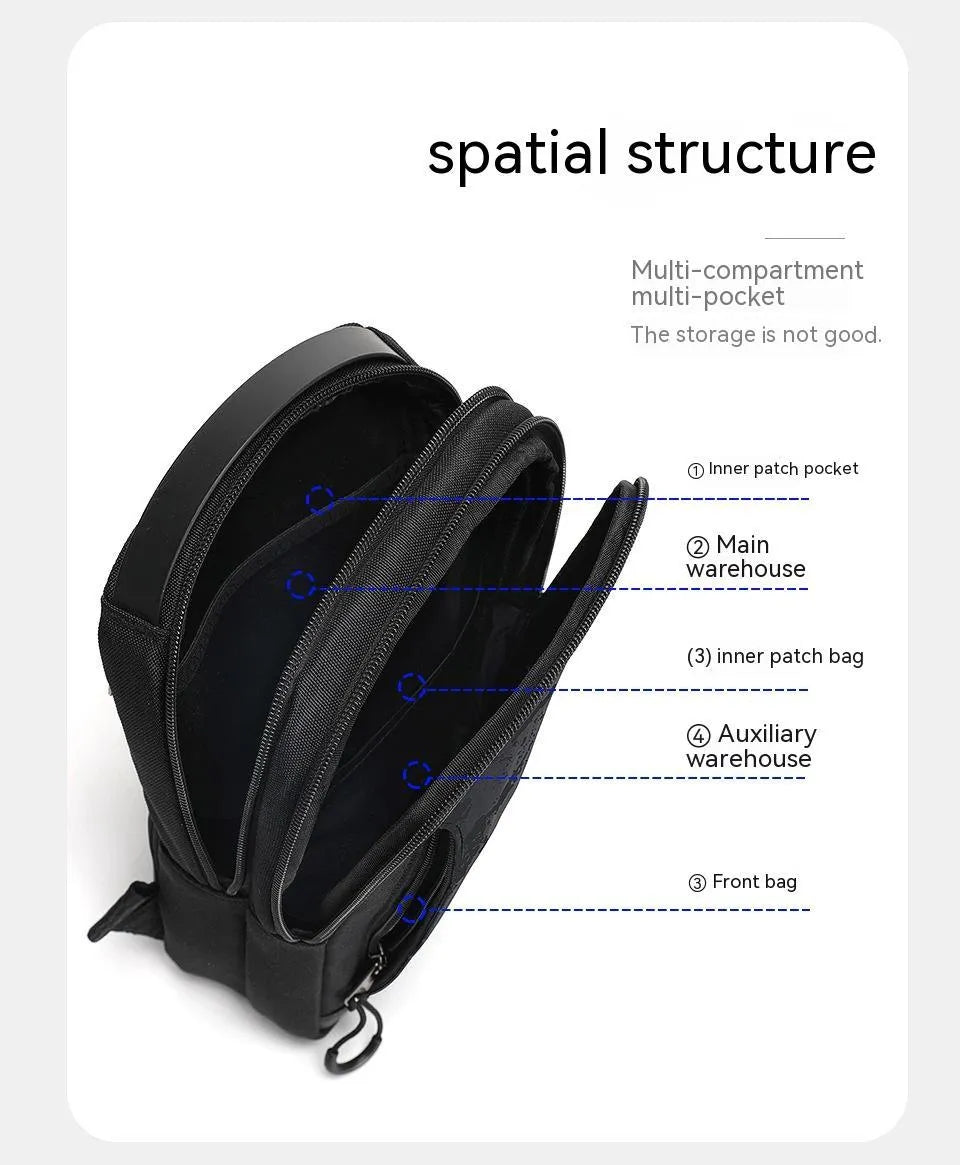 Casual black TPU camouflage print chest bag with adjustable strap, shown in a square vertical shape.