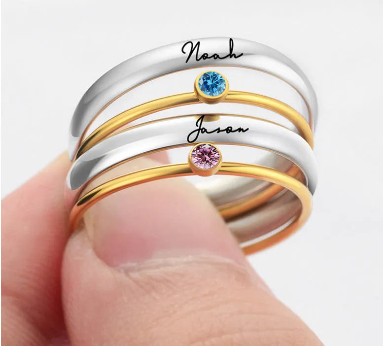 Gold tone titanium steel ring with a December birthstone in an engraved geometric design.