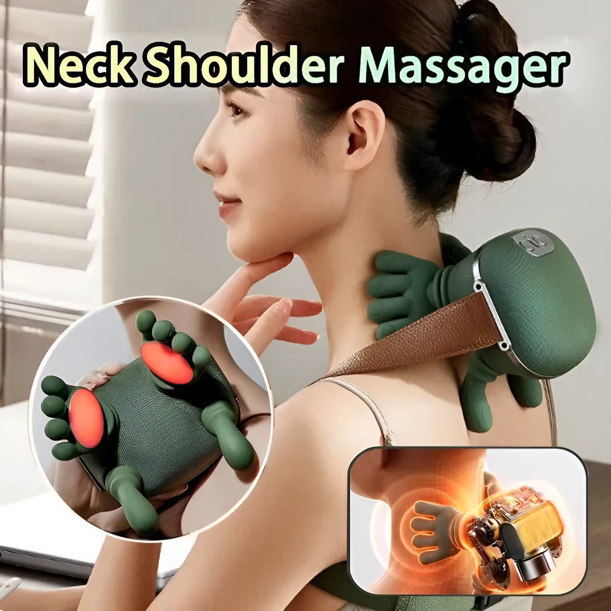 Cordless electric neck and shoulder massager in N7 moss green, with 4D kneading and heat