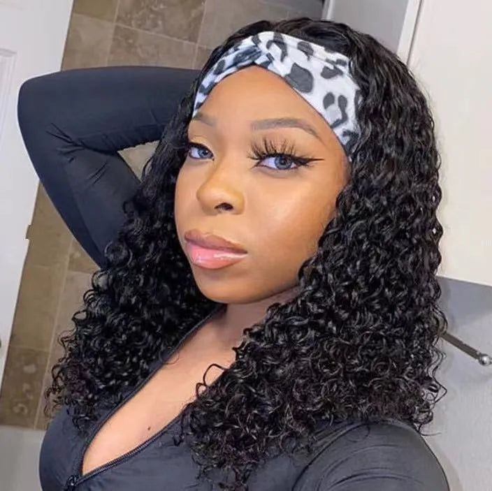European American women's head scarf wig with ice silk headband, long curly high temperature wire hair, 14-28 inches
