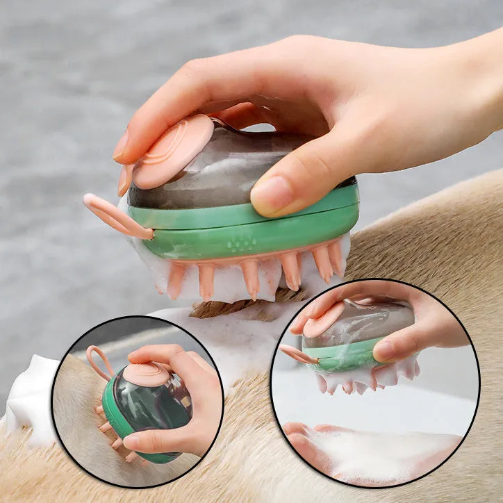 Blue 2-in-1 pet grooming brush with shampoo dispenser for bathing cats and dogs