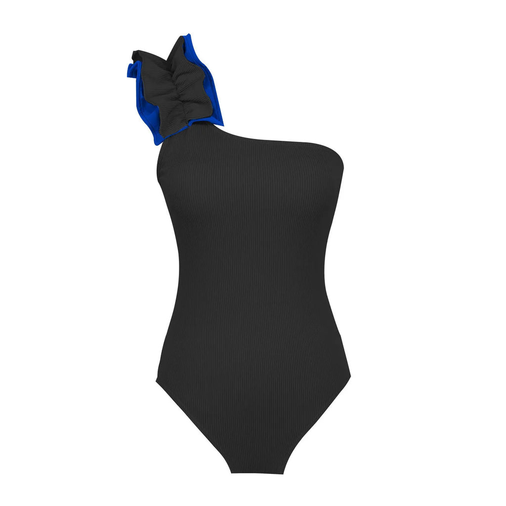 Single-shoulder high-waist one-piece swimsuit for women in solid colour