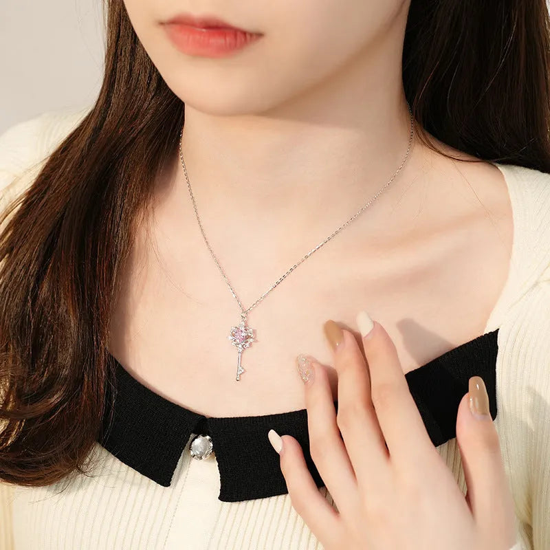 S925 sterling silver guard key necklace with zircon inlay on cross chain, blue colour option