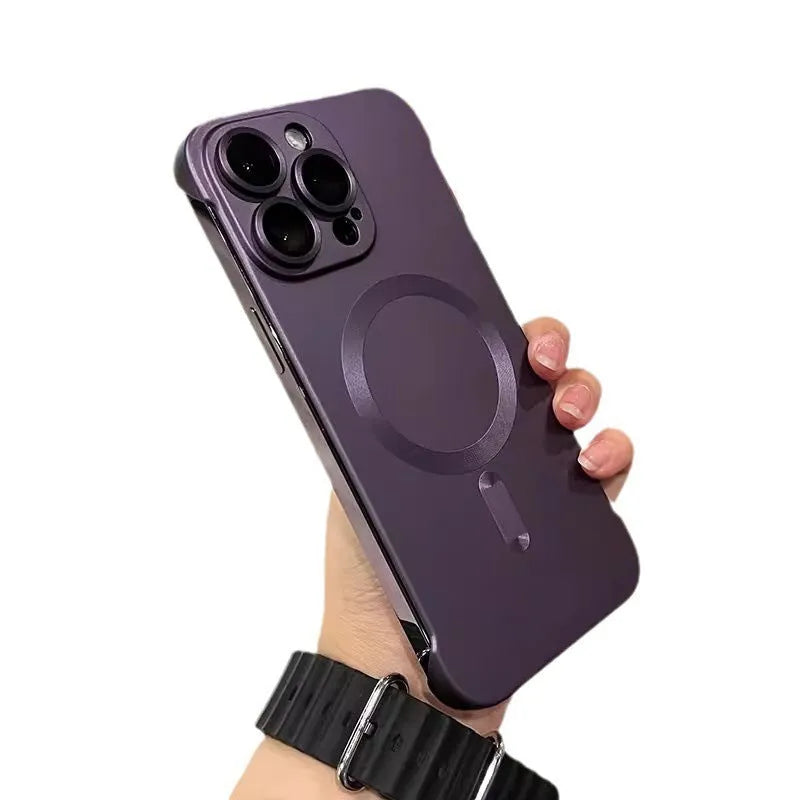 Ultra-thin frameless magnetic phone case for iPhone 15 series, frosted PC finish, black colour