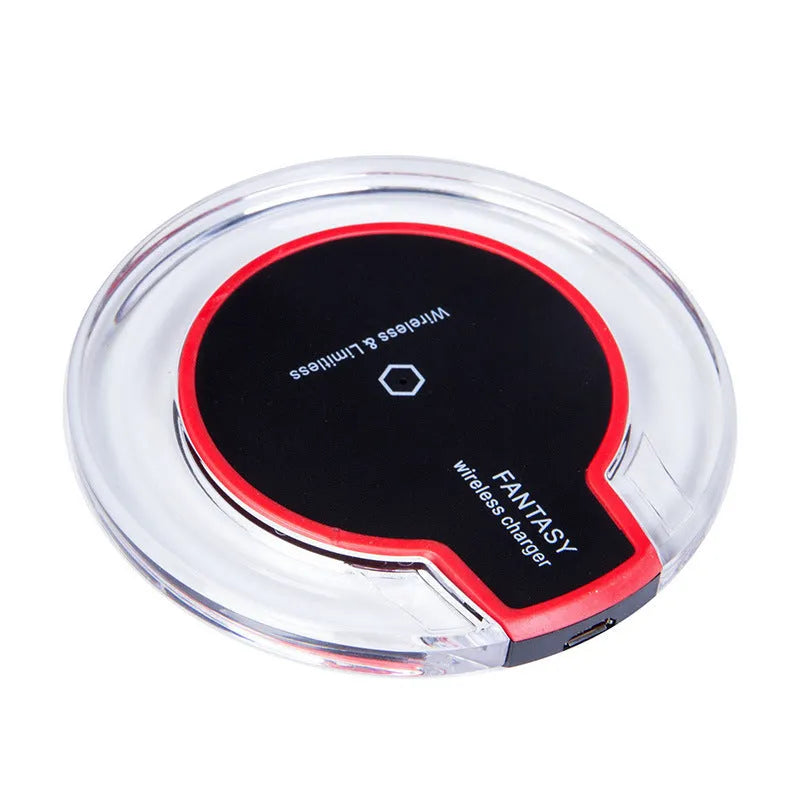 Round 15W magnetic wireless charger disc in white, black, and transparent finishes on a desk
