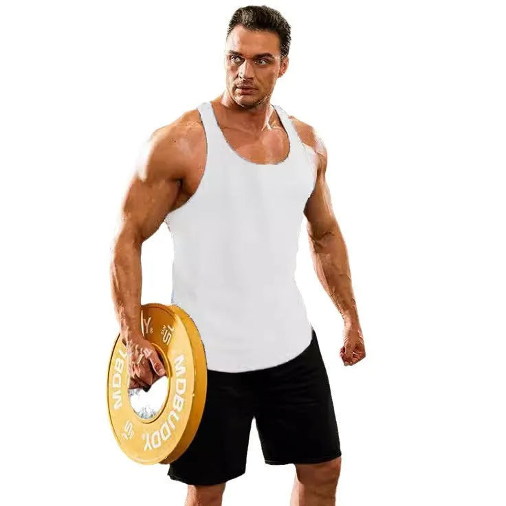 Men's solid colour I-shaped polyester fitness training vest in slim fit, available in black, white, gray, dark gray, blue