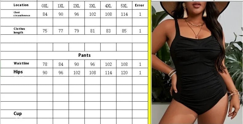 Black solid colour plus size one-piece swimsuit for women on a mannequin.