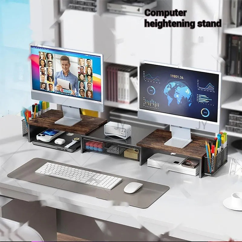 Double-station desktop monitor elevated rack in black, pink, or wooden colours