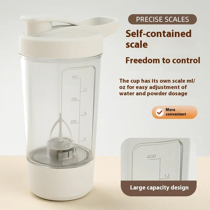 Black and silver electric protein shaker bottle with digital display and mixing blade inside