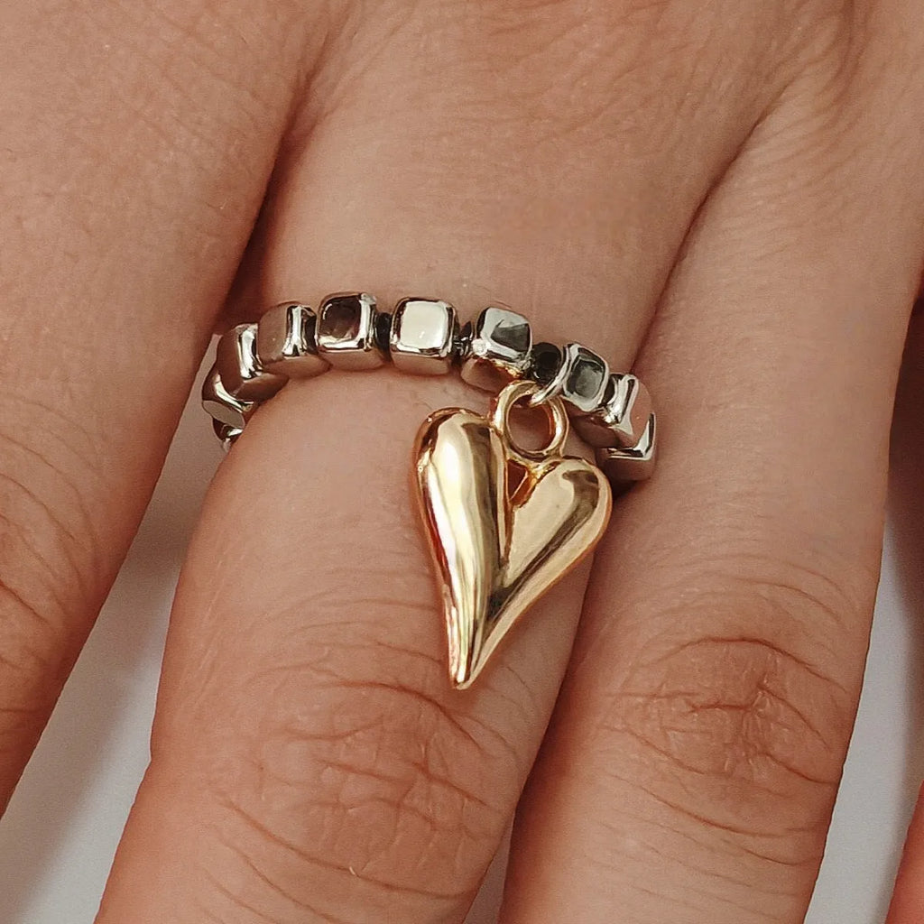Handmade beaded elastic ring with geometric love heart design in gold or silver electroplated finish