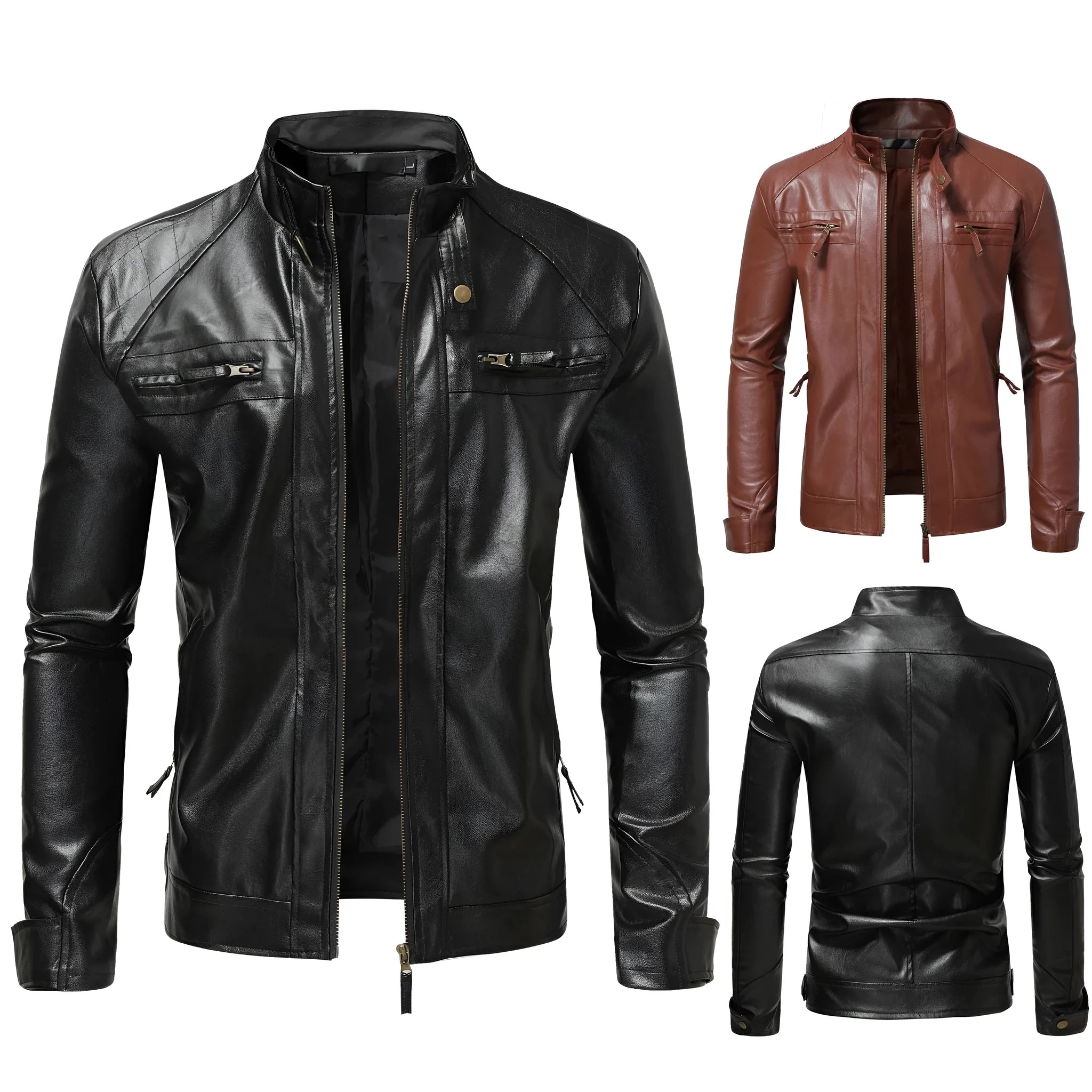 Men's PU leather coat with stand collar and double zipper in brown, regular fit.