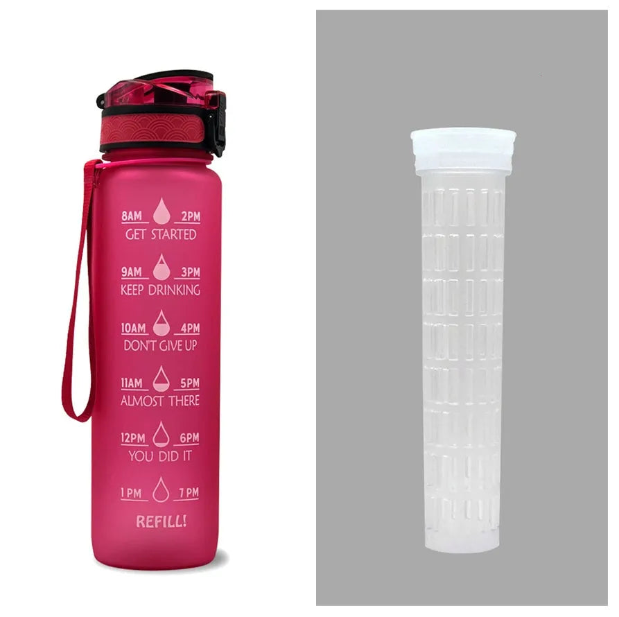 Blue-red gradient 1L Tritan water bottle with time markers and flip-top lid on a gym bag