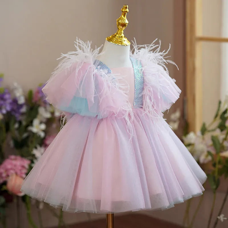 Girls' high-end princess dress in pink and blue for flower girls, polyester fibre, 80-160cm
