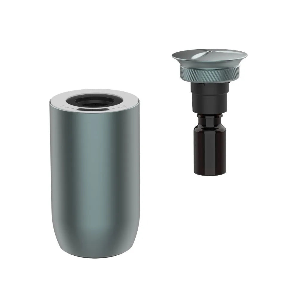 Column-shaped metal portable aroma diffuser in black, rose red, silver grey, or blue grey.