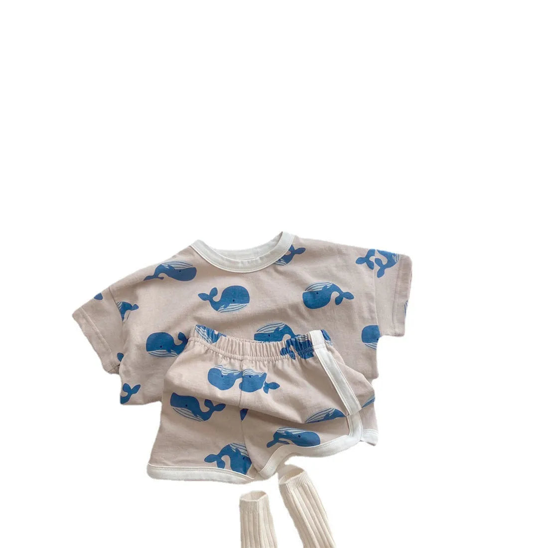 Baby cartoon printing suit in khaki cotton with pullover blouse and shorts for toddlers