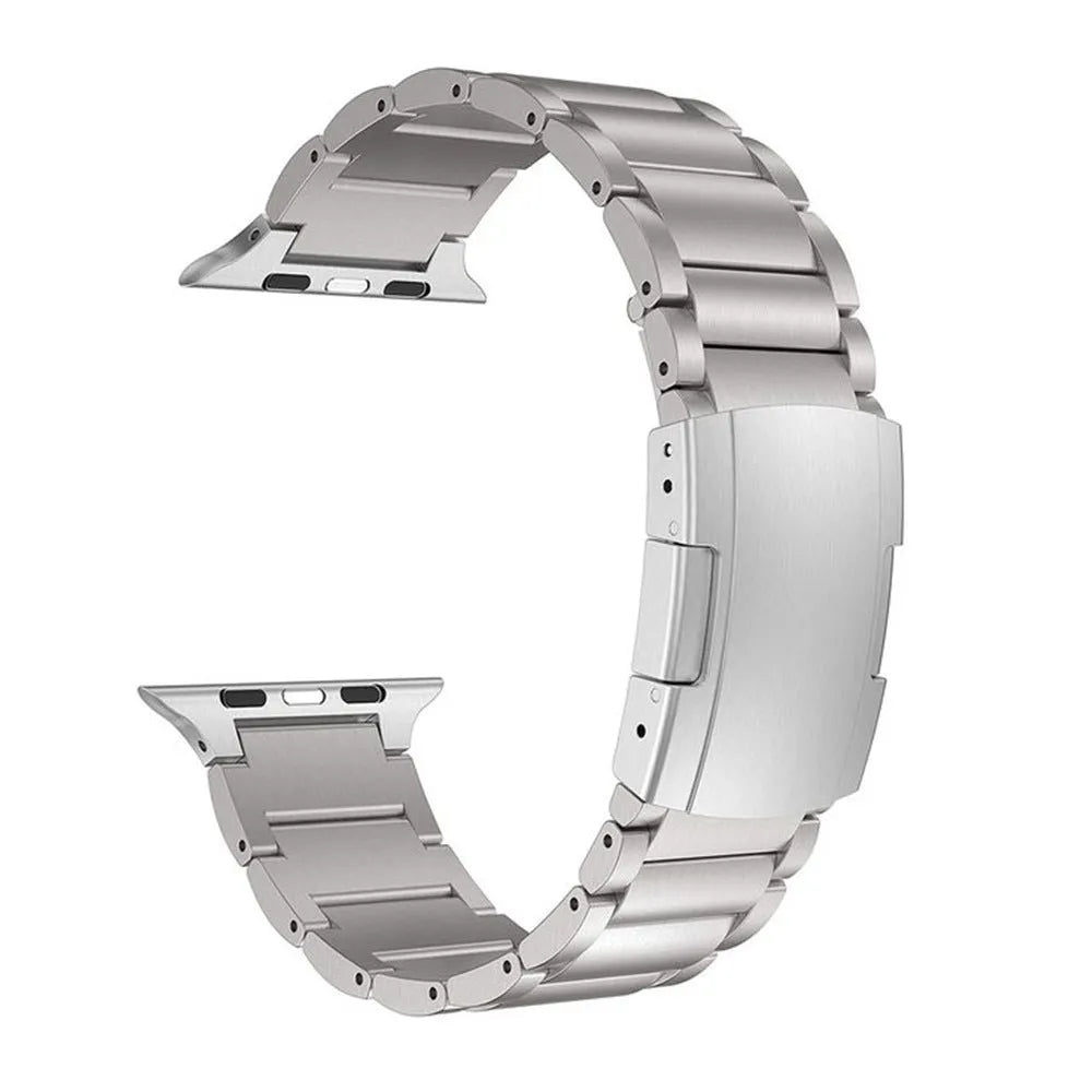Titanium alloy Apple Watch replacement strap with folding buckle in black and silver colours