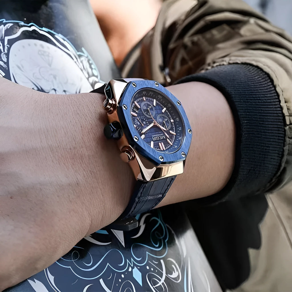 Men's waterproof quartz watch showing three band colour options: blue silicone, rose gold-edged black steel, and all-black steel