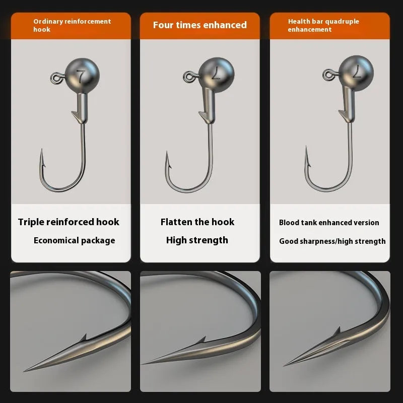 Set of 50 primary colour 7G lead-headed fishing jig hooks with enhanced strength steel construction.