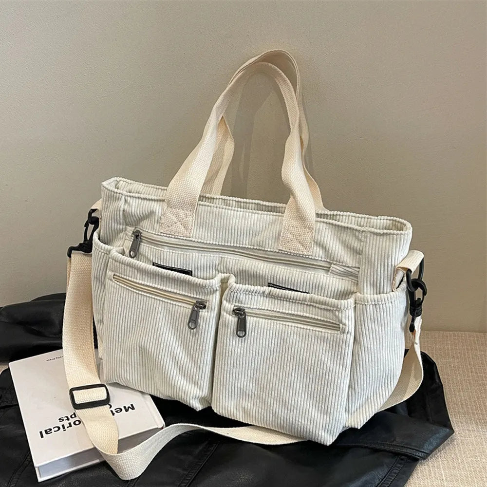 Large capacity women's simple shoulder messenger bag in soft corduroy, horizontal square shape, beige colour, 37x25x14cm